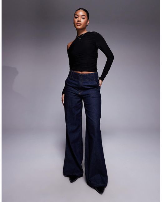 Kaiia Blue Exclusive Double Layered Slinky Off Shoulder Long Sleeve Top