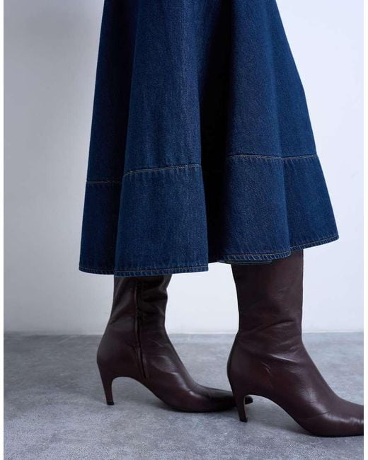TOPSHOP Blue Denim Dropped Waist Seamed Midi Skirt