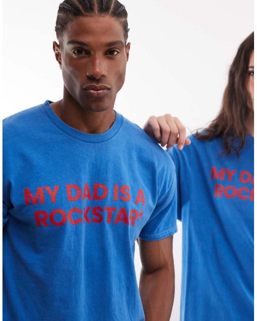 Reclaimed Vintage Blue Rockstar Slogan T-Shirt for men