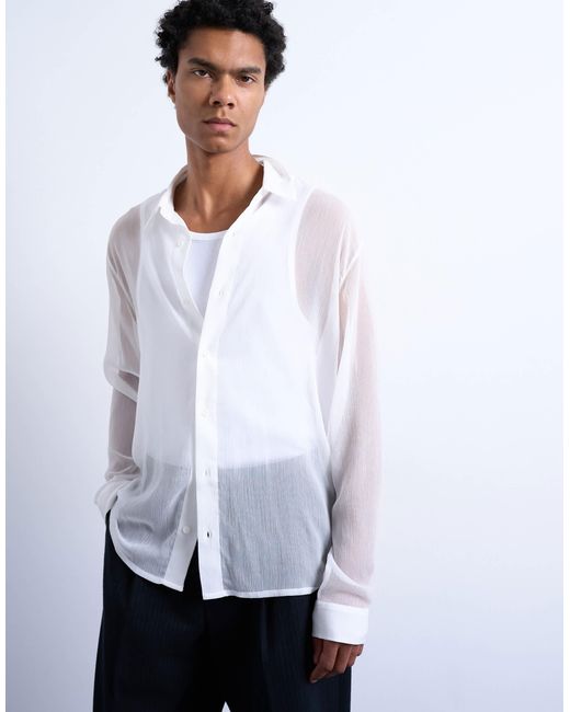 Topman White Relaxed Fit Crinkle Texture Sheer Shirt for men