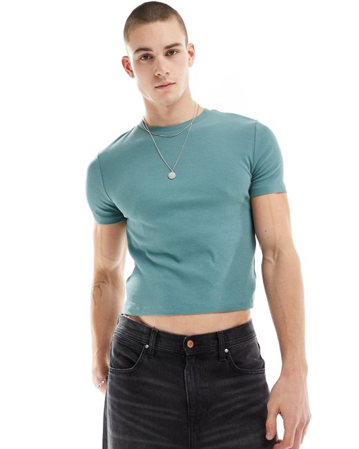 T-shirt crop top moulant côtelé à col ras ASOS pour homme en coloris Blue
