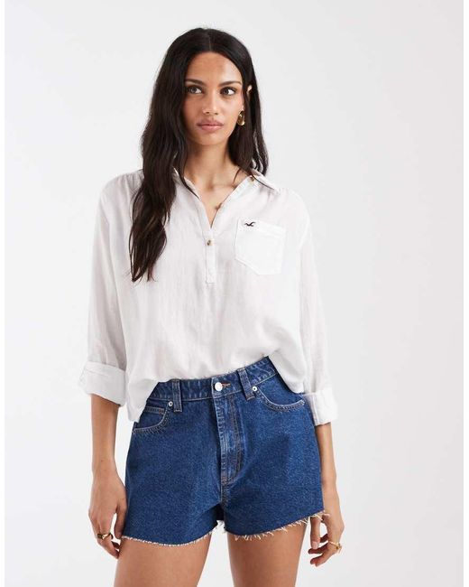Hollister White Oversized 1/4 Button Up Shirt