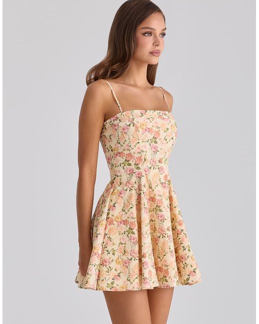 House Of Cb Natural Dolly Warm Rose Print Cotton Flared Mini Sundress