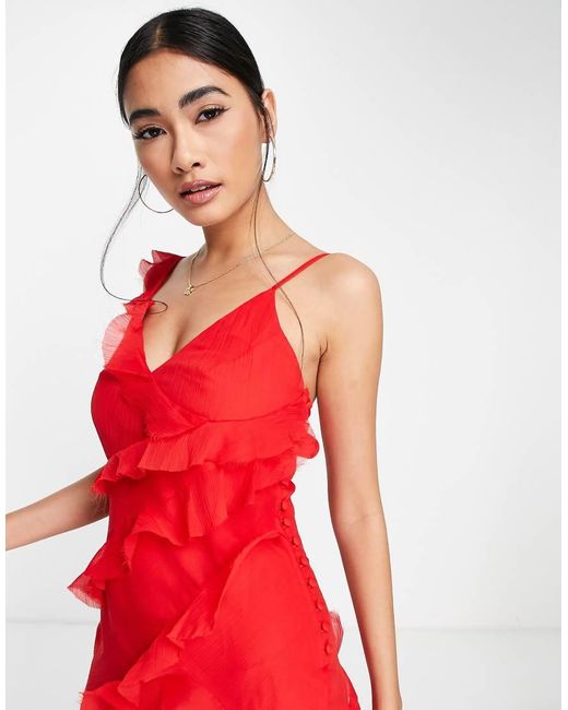 ASOS Red Tie Ruffle Detail Maxi Dress With Tie Back And Button Side