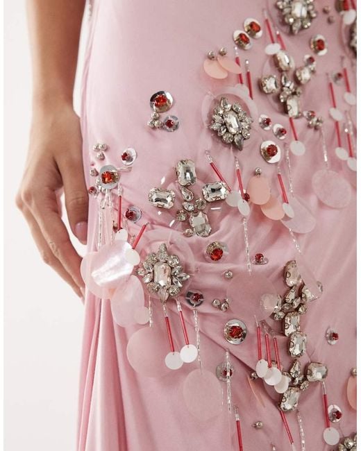 ARRANGE Pink Embellished Drape Satin Maxi Dress