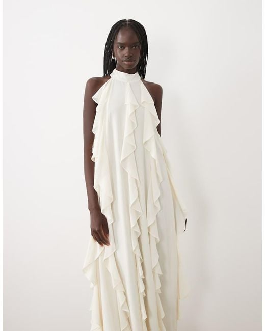 True Decadence Natural High Neck Ruffle Trapeze Maxi Dress