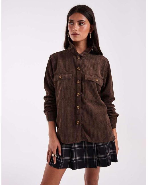 Pieces Brown Pocket Detail Oversized Cord Shirt