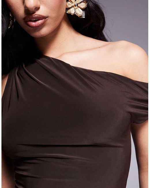 Kaiia Brown Exclusive Double Layered Slinky Off Shoulder Drape Detail Fitted Waist Mini Skater Dress
