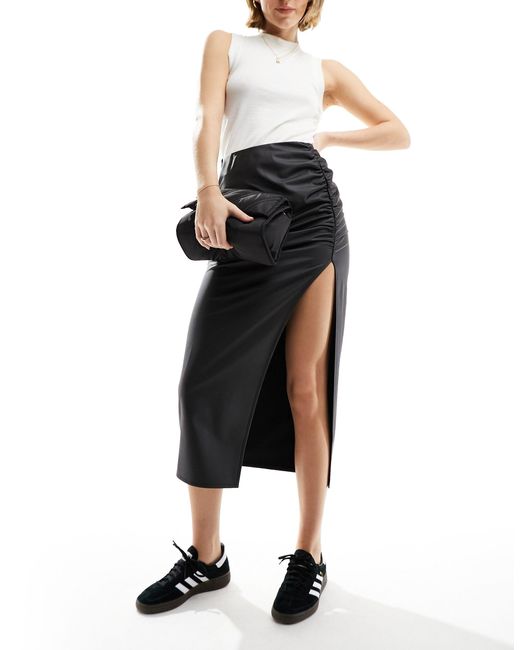 ASOS Black Leather Look Wrap Slit Midi Skirt