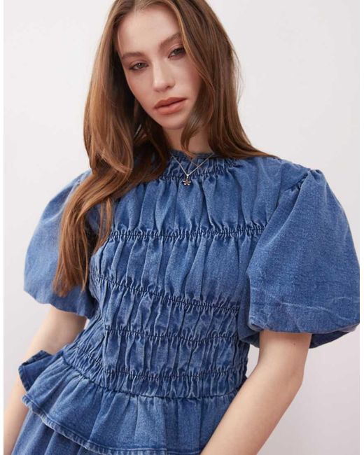 Top Con Maniche A Sbuffo Arricciato di Reclaimed (vintage) in Blue