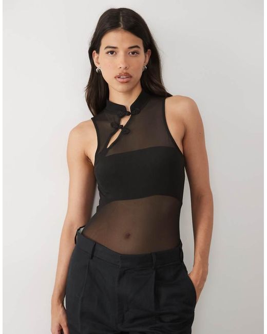 ASOS Black Sheer Mesh Mandarin Detail Sleeveless Bodysuit