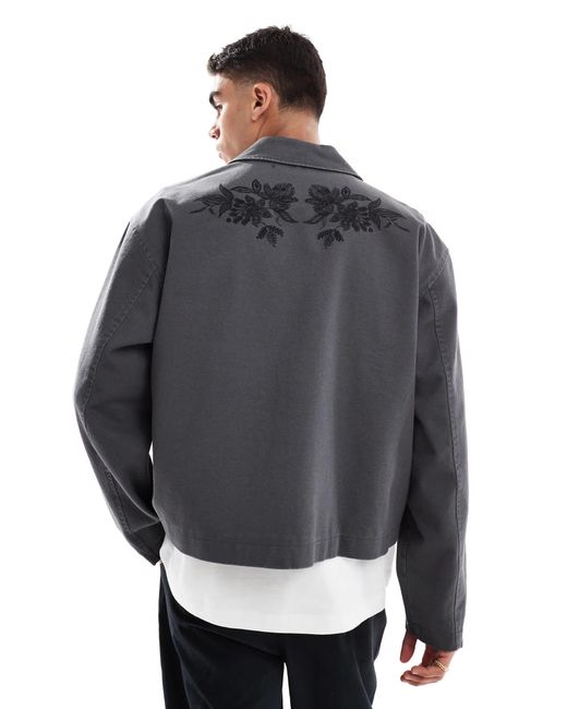 ASOS Gray Boxy Harrington Jacket With Chest Embroidery for men
