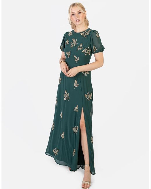 Maya Green Embellished Short Sleeve Open Back Maxi Dress