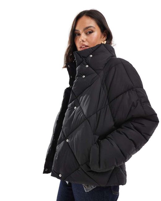 Miss Selfridge Black Oversized Quilted Funnel Neck Crop Puffer Jacket
