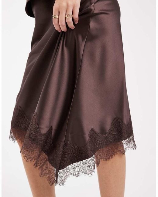 ONLY Brown Asymmetric Satin Lace Midi Skirt