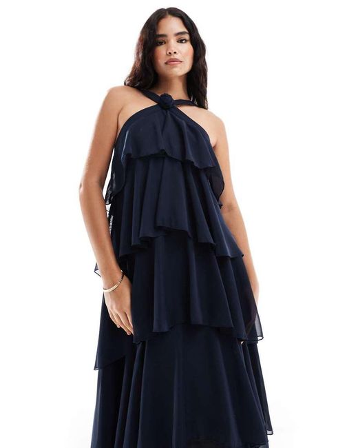 Vero Moda Blue Felicia Halter Neck Tiered Maxi Dress With Corsage Detail