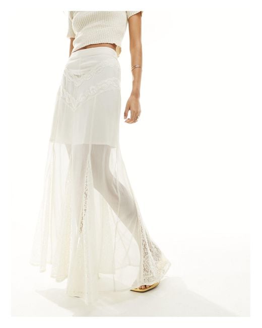 Miss Selfridge White Chiffon Lace Insert Godet Maxi Skirt