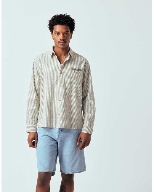 ASOS Blue Relaxed Seersucker Striped Shirt With Chest Embroidery for men