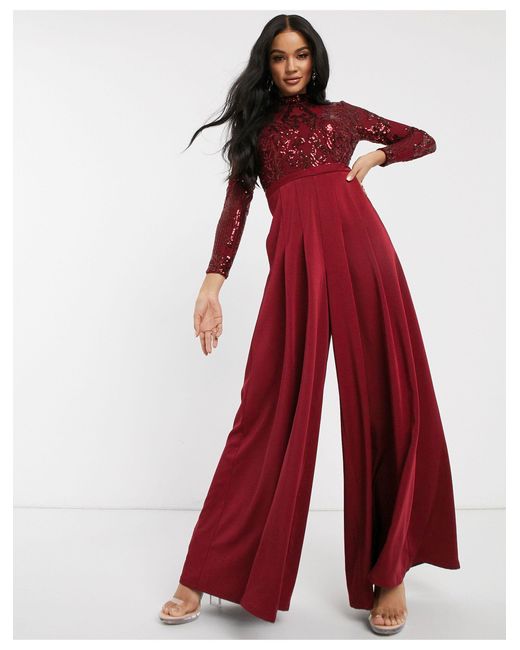 Bariano Red Long Sleeved Wide Leg Jumpsuit With Embellished Top