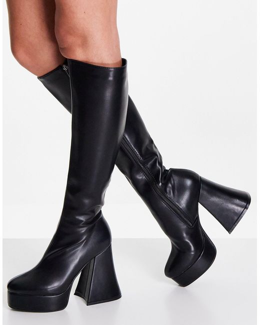 lamoda knee high chunky heel boots in black