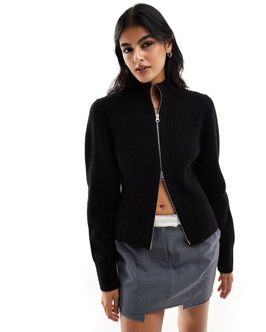 & Other Stories Black Merino Wool And Cotton Blend Cardigan With Zip Front And Sculptural Sleeves