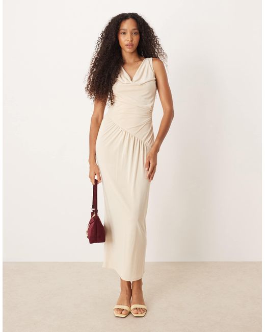 ASOS Natural Asym Cowl Ruched Midi Dress