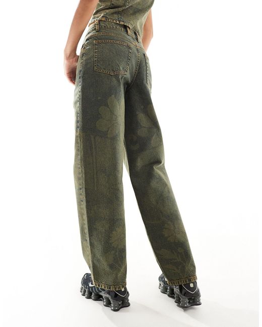 X014 - jean d'ensemble baggy à taille mi-haute - imprimé fleurs Collusion en coloris Green