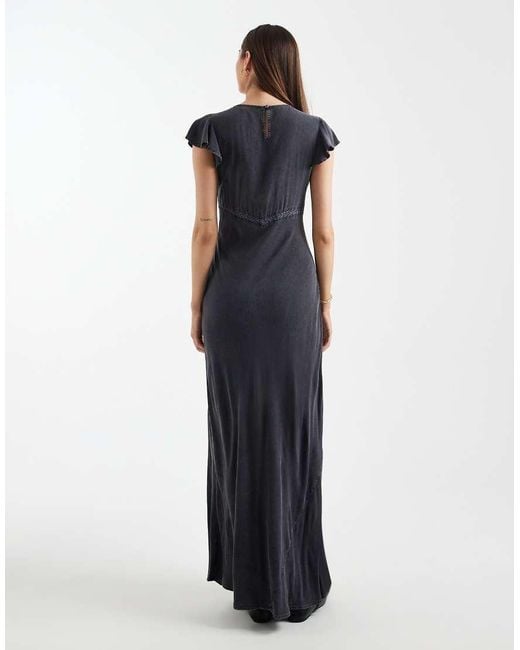 ASOS Blue Asos Design Tall High Neck Maxi Dress With Frill Sleeve And Lace Inserts