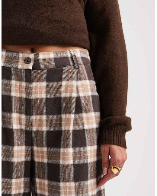 Object Brown Wide Leg Textured Check Trousers