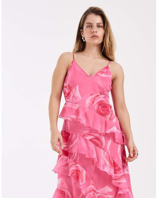 Vero Moda Pink Smilla Chiffon Cami Ruffle Detail Midi Dress