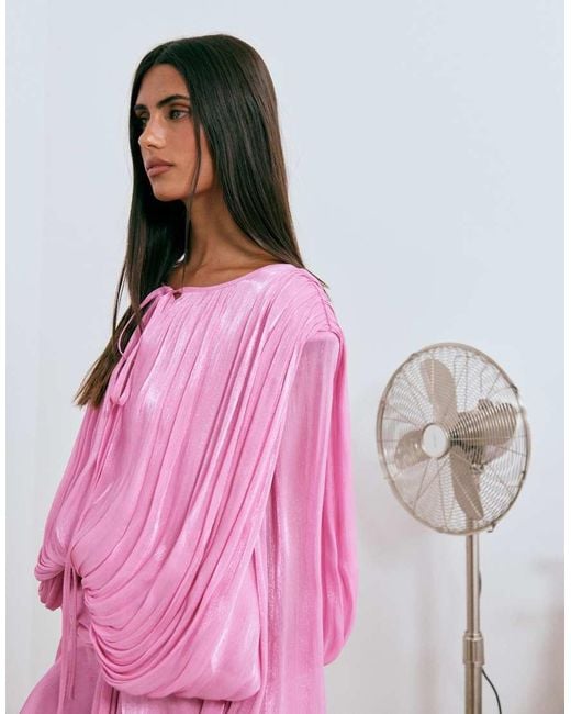 Lioness Gray Exclusive Elements High Sheen Chiffon Drape Detail Balloon Sleeve Tie Waist Mini Dress