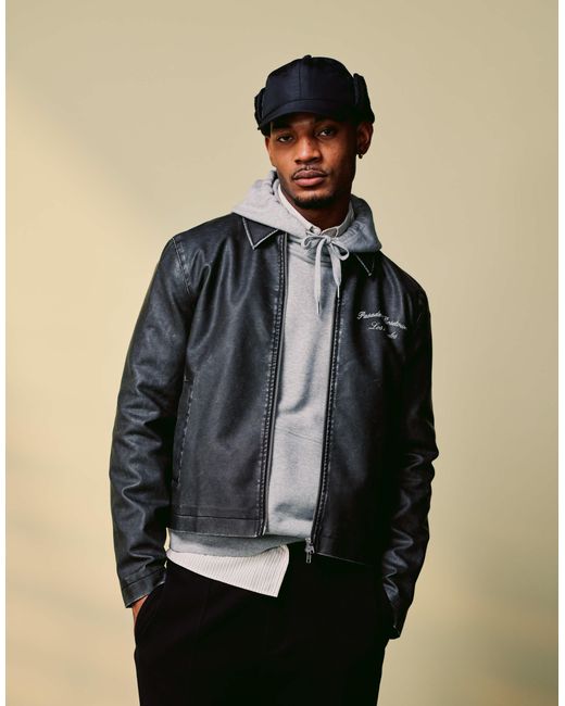 ASOS – bestickte harrington-jacke aus kunstleder in Black für Herren