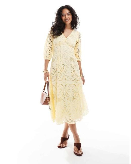 New Look Natural Premium Long Sleeve Broderie Buttoned Midi Dress