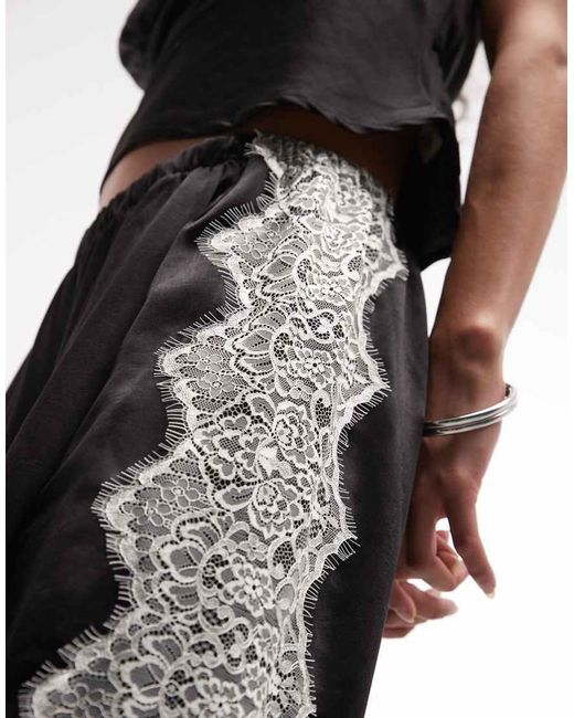 ASOS Black Satin Wide Leg Pants With Lace