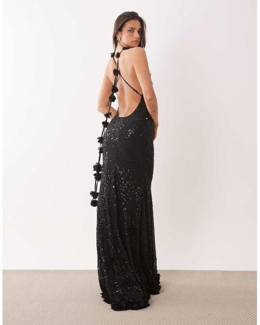 Oh Polly Black Premium Embellished Plunge Tie Back Floral Detail Maxi Dress