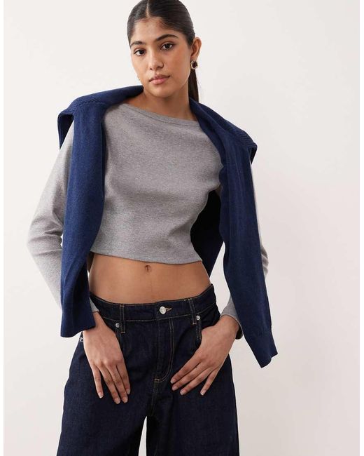 ASOS Blue Long Sleeve Slash Neck Top With Curved Hem Detail