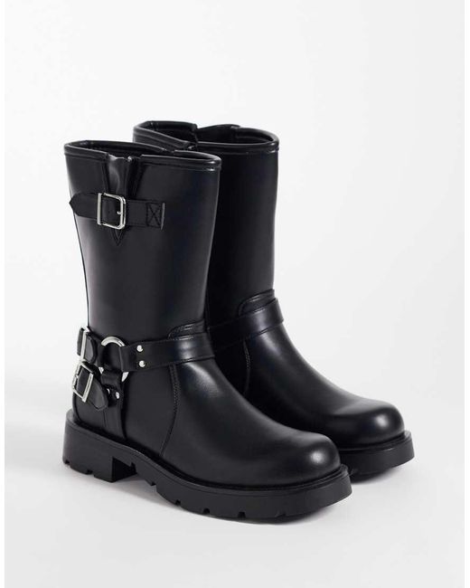 Glamorous Black Biker Mid Ankle Boots