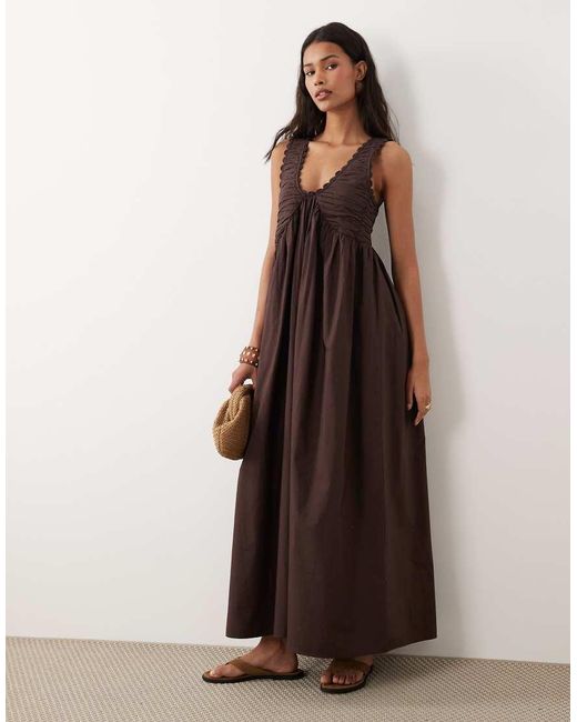 ASOS Brown V Neck Scalloped Maxi Dress With Back Tie