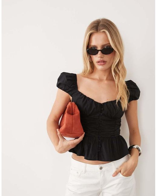 Nobody's Child Black Caia Cotton Puff Cap Sleeve Ruffle Hem Top