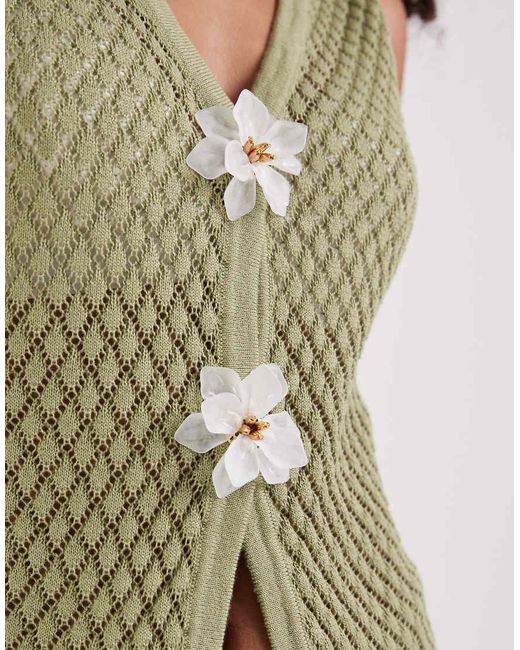 Pretty Lavish Green Pointelle Longline Waistcoat Co-ord With Floral Broach