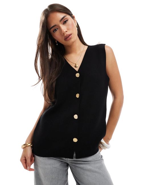 ASOS Black Longline Boxy Fit Waistcoat With Gold Buttons