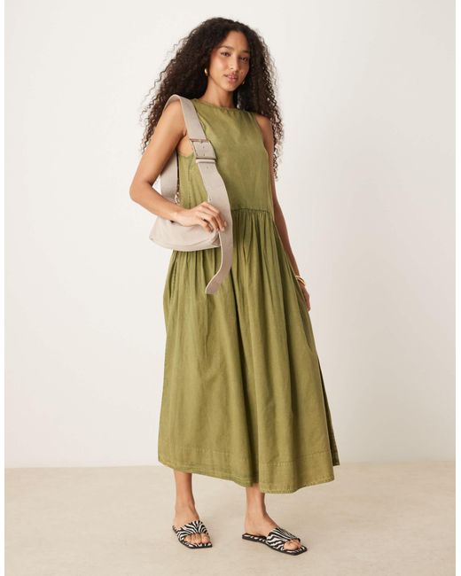 ASOS Green Slash Neck Smock Midi Dress With Dropped Waist