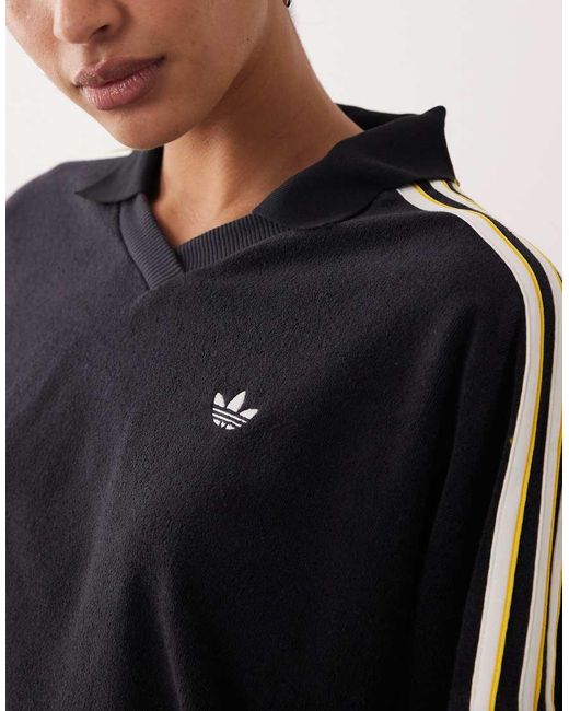 Adidas Originals Black Terry Towel V Neck Long Sleeves Polo Shirt
