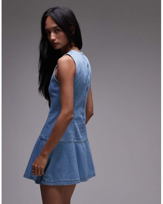Vestido Vaquero Corto Medio Con Vuelo Y Costuras De TOPSHOP de color Blue