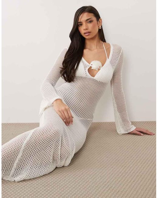 South Beach Natural Long Sleeve Crochet Maxi Dress