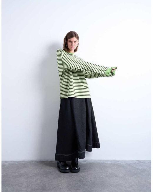 TOPSHOP Green Stripe Long Sleeve Slouchy Skater Tee