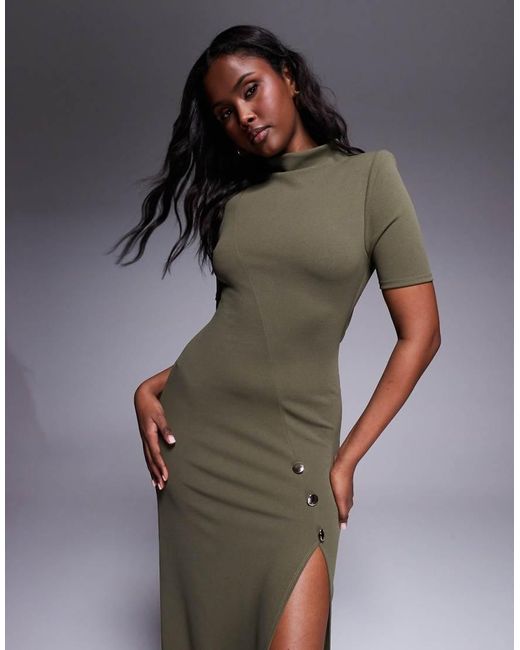 ASOS Hoogsluitende Maxi Kokerjurk Van Scubastof Met Korte Mouwen, Grote Gouden Knopen En Split in het Gray