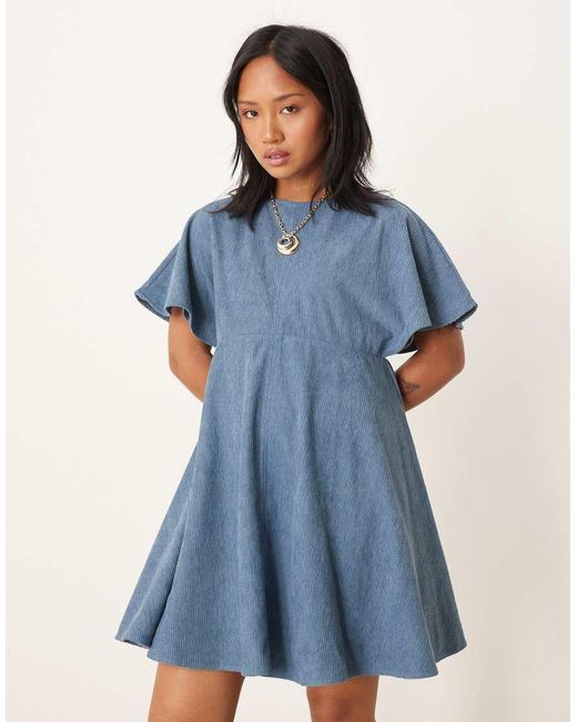 ASOS Blue Asos Design Petite Cord T-shirt Mini Dress With Stitching Detail