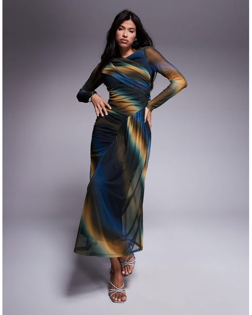 DASKA Blue – drapiertes netzstoff-maxikleid mit abstraktem muster