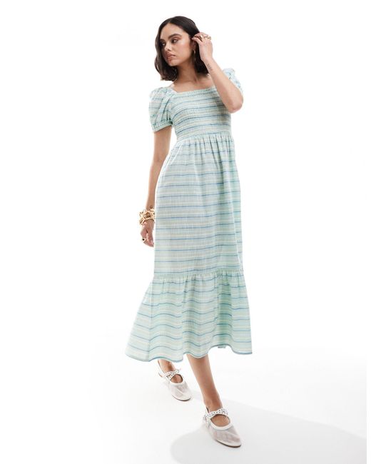 esmé studios Blue Esmee Stripe Puff Sleeve Maxi Dress